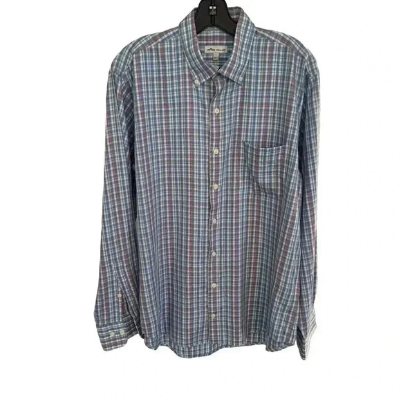 Peter Millar men’s button down blue plaid shirt cotton & SILK blend size large - Picture 1 of 9
